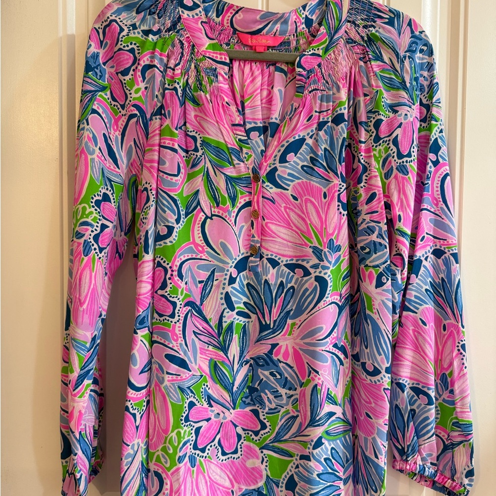 Lilly Pulitzer Vibrant Pink and Blue Floral Elsa Silk Blouse - NWOT